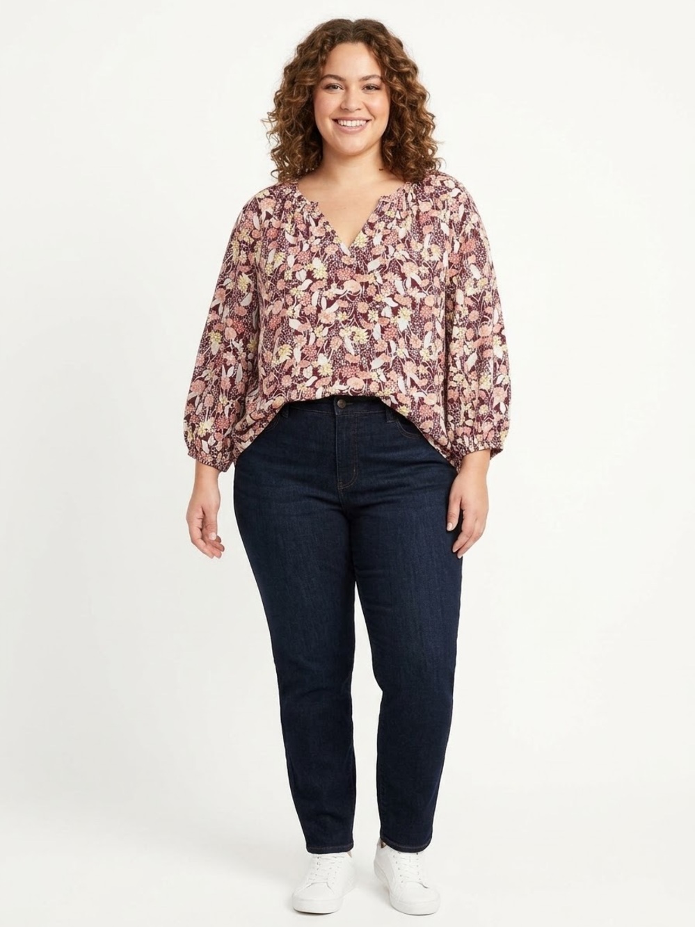 Ava & Viv Brown Floral V-Neck Peasant Blouse
